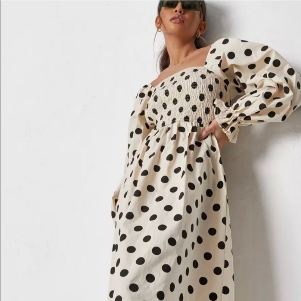 Polka dot shirred bust midi dress with puffy sleeves